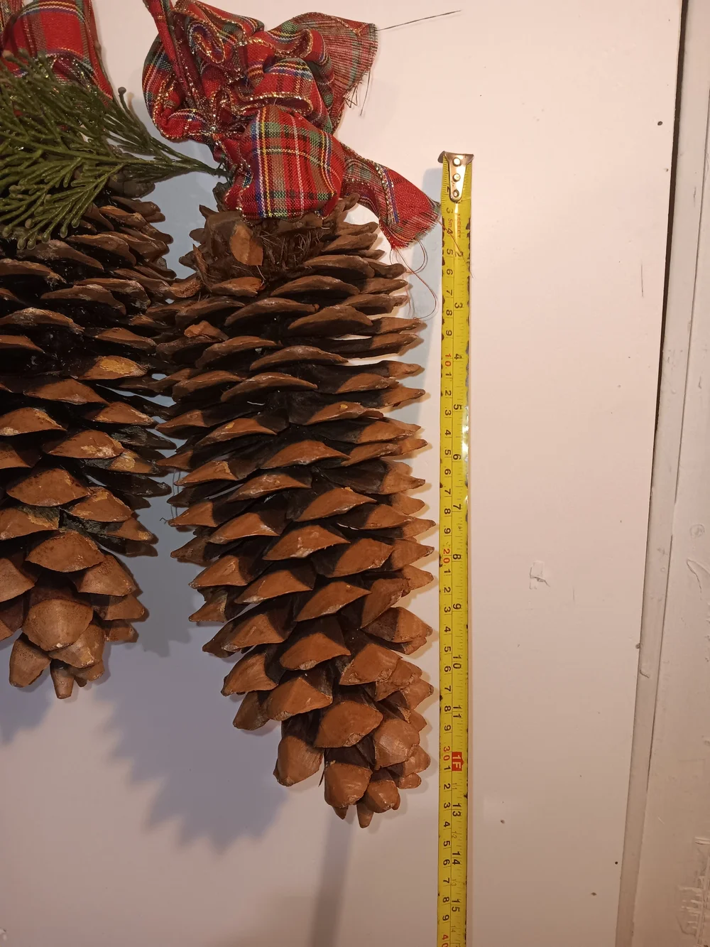 4 Natural Brown Sugar Pinecone Holiday Hanging Ornament with Red Plaid Ribbon